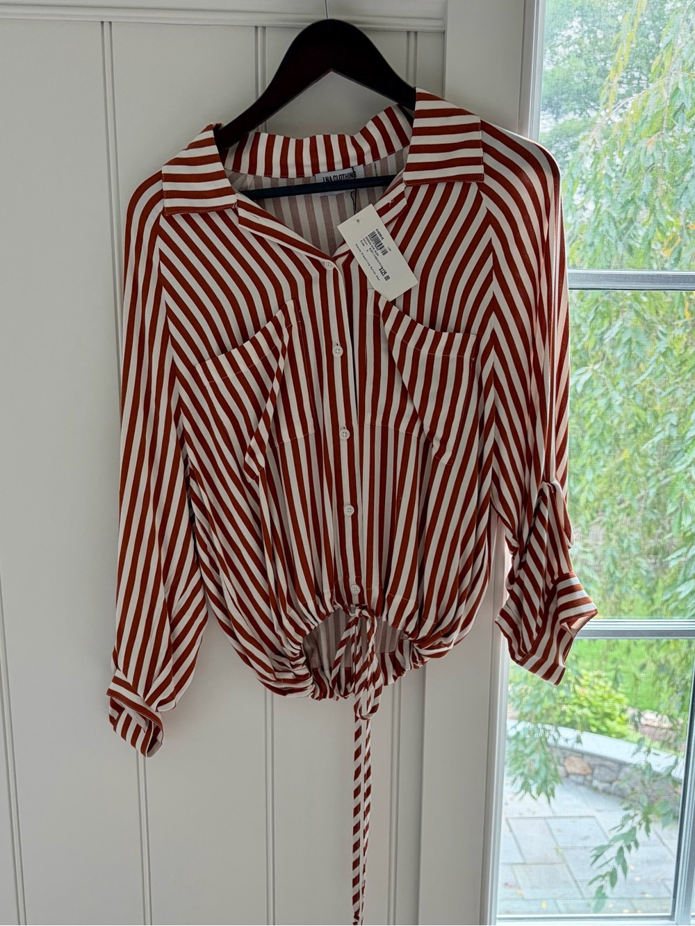 LNA Rust and White Striped Tie-Hem Button Down Shirt